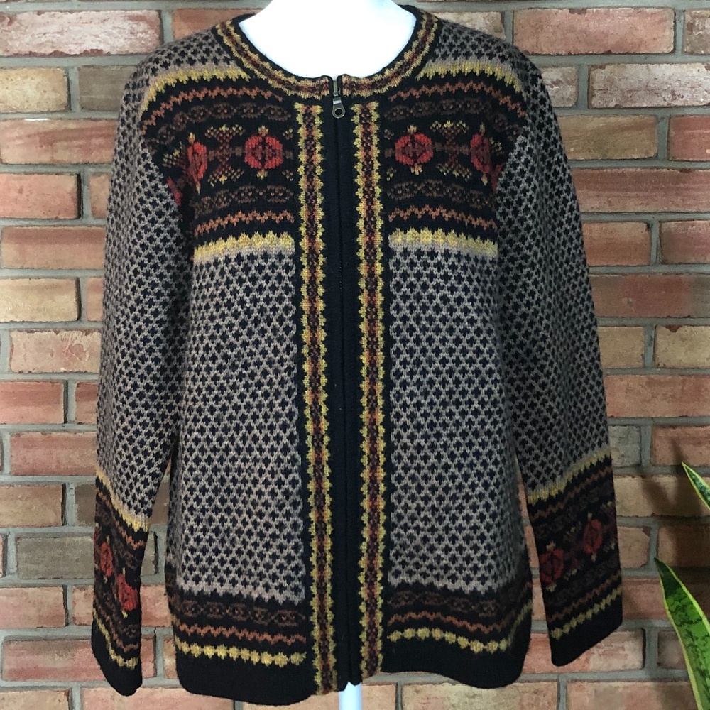 Cambridge Dry Goods Tan and Black Zip Front Cardigan Sweater Medium